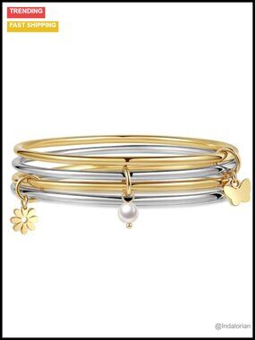 18K Gold Plated Stainless Steel Charm Bangle Bracelets Stackable Set
